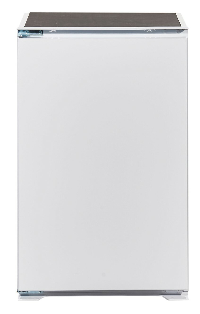 Frontansicht eines weißen Küchenblocks mit glatter Oberfläche.