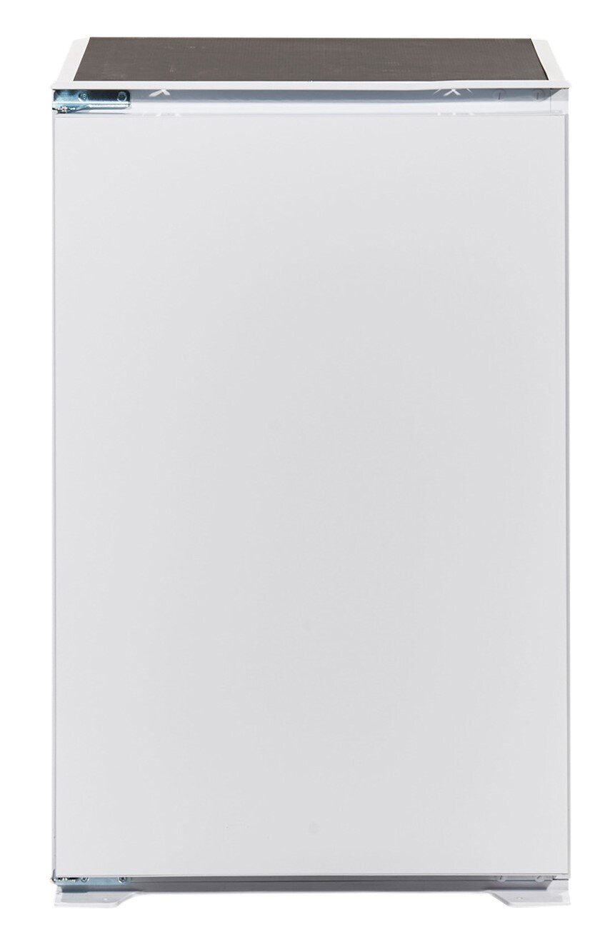 Frontansicht eines weißen Küchenblocks mit glatter Oberfläche.