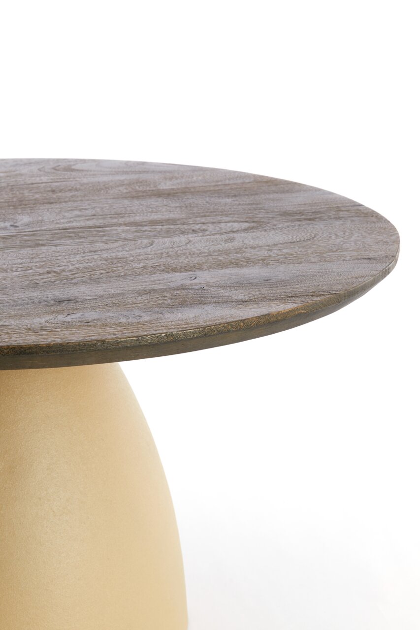 Runder Beistelltisch mit Holzoptik-Oberfläche und konischem Sockel, seitliche Perspektive