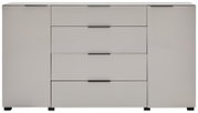 Moderne weiße Kommode/Sideboard mit drei Schubladen in der Mitte und zwei seitlichen Türen, schwarze Griffleisten und Füße, Frontansicht