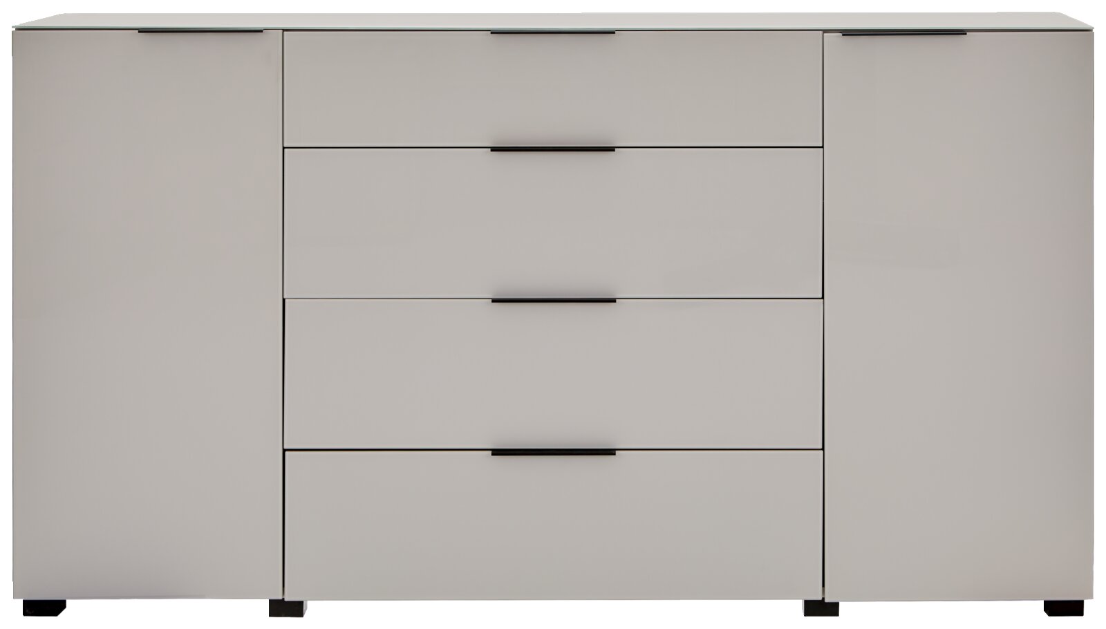 Moderne weiße Kommode/Sideboard mit drei Schubladen in der Mitte und zwei seitlichen Türen, schwarze Griffleisten und Füße, Frontansicht