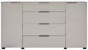 Moderne weiße Kommode/Sideboard mit drei Schubladen in der Mitte und zwei seitlichen Türen, schwarze Griffleisten und Füße, Frontansicht