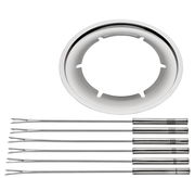 Ansicht von oben auf ein elektrisches Fondue-Set Genf mit sechs Edelstahlgabeln und einem runden Einsatz.