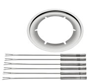 Ansicht von oben auf ein elektrisches Fondue-Set Genf mit sechs Edelstahlgabeln und einem runden Einsatz.