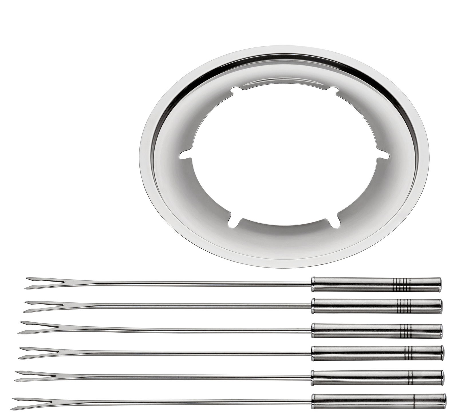 Ansicht von oben auf ein elektrisches Fondue-Set Genf mit sechs Edelstahlgabeln und einem runden Einsatz.