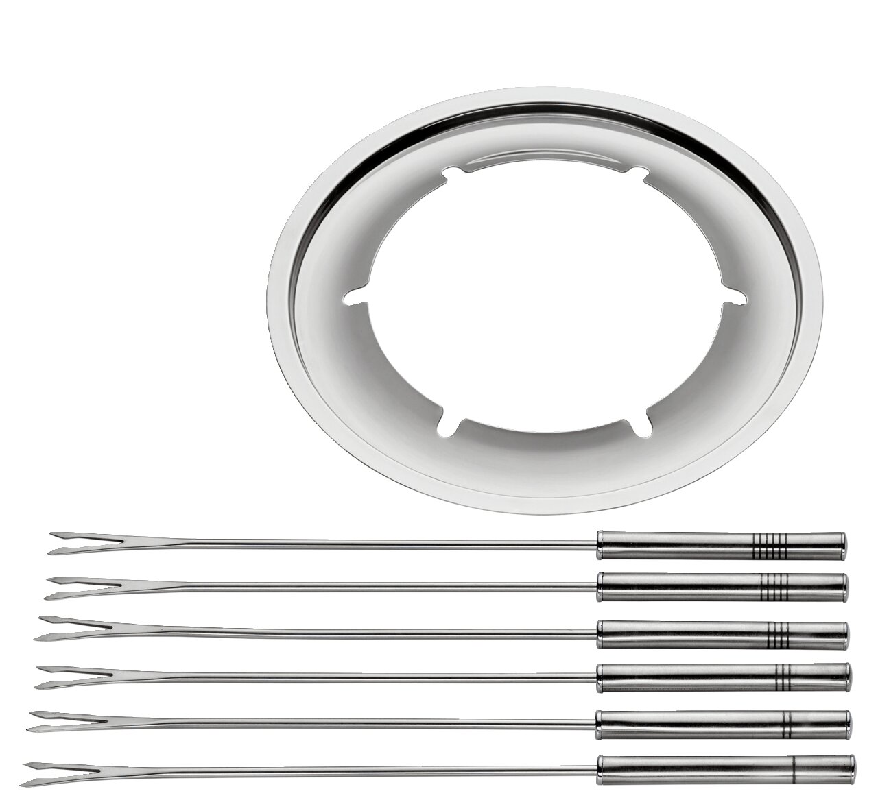 Ansicht von oben auf ein elektrisches Fondue-Set Genf mit sechs Edelstahlgabeln und einem runden Einsatz.