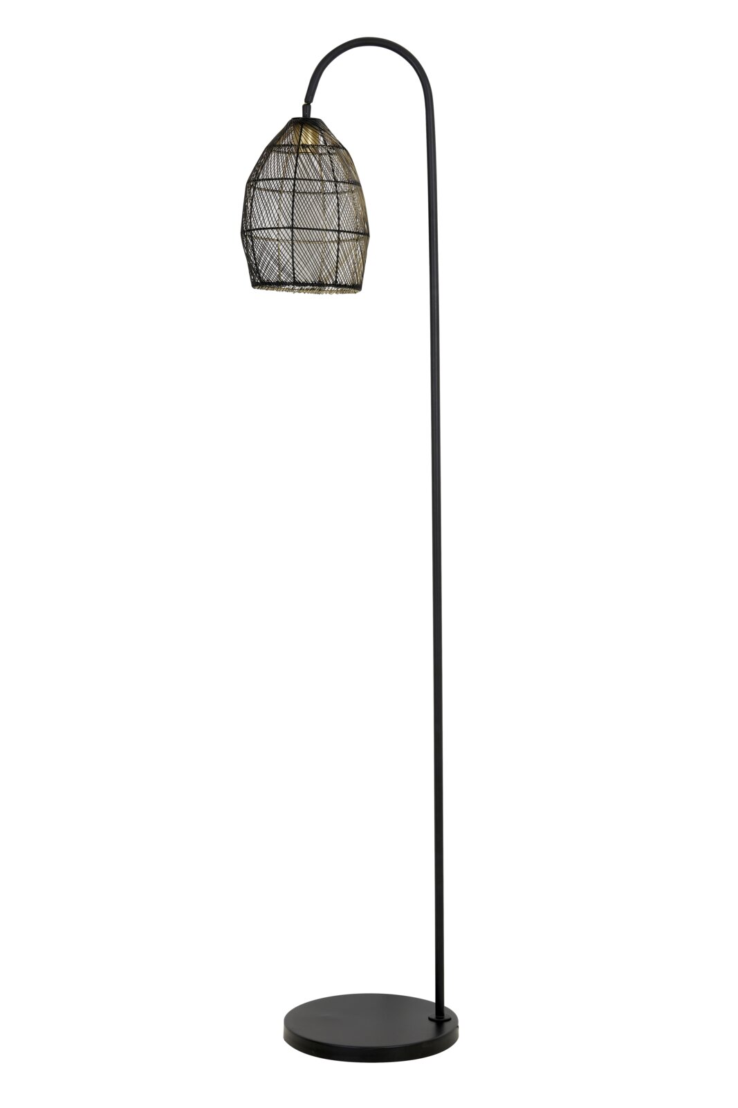 Zwarte vloerlamp met gebogen frame en twee opengewerkte draadkappen in zwart en goud, schuin van voren weergegeven tegen een witte achtergrond