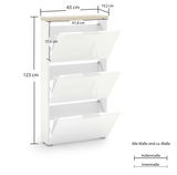 Weißer Schuhschrank mit drei Klappen, Seitenansicht, Maße: 123 cm hoch, 65 cm breit, 19,2 cm tief