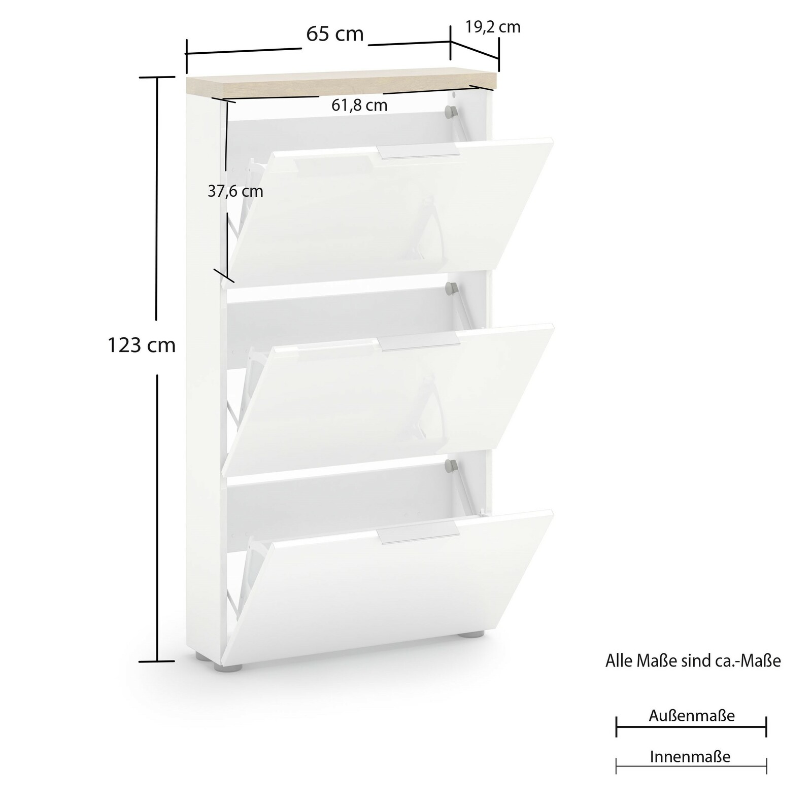Weißer Schuhschrank mit drei Klappen, Seitenansicht, Maße: 123 cm hoch, 65 cm breit, 19,2 cm tief