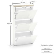 Weißer Schuhschrank mit drei Klappen, Seitenansicht, Maße: 123 cm hoch, 65 cm breit, 19,2 cm tief