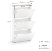 Weißer Schuhschrank mit drei Klappen, Seitenansicht, Maße: 123 cm hoch, 65 cm breit, 19,2 cm tief