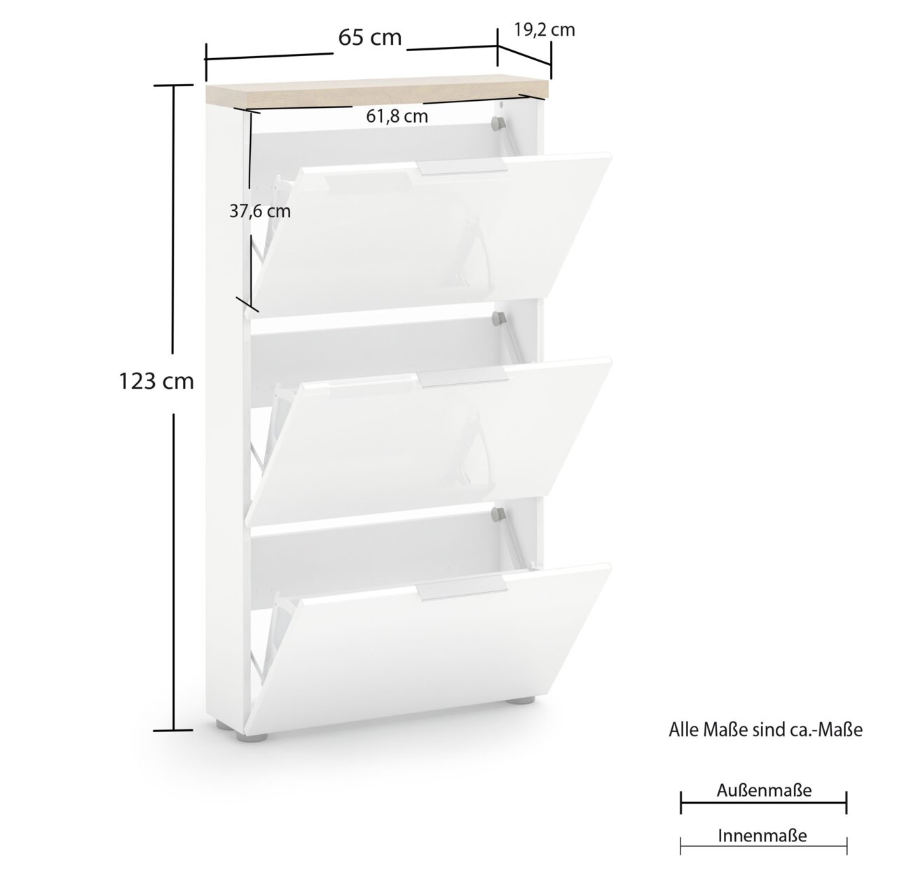 Weißer Schuhschrank mit drei Klappen, Seitenansicht, Maße: 123 cm hoch, 65 cm breit, 19,2 cm tief