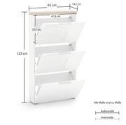 Weißer Schuhschrank mit drei Klappen, Seitenansicht, Maße: 123 cm hoch, 65 cm breit, 19,2 cm tief