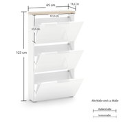 Weißer Schuhschrank mit drei Klappen, Seitenansicht, Maße: 123 cm hoch, 65 cm breit, 19,2 cm tief