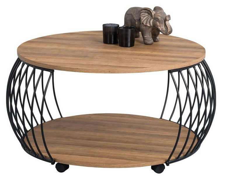 Runder Couchtisch mit Holzplatten und schwarzem Metallgestell, seitliche Perspektive