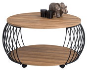 Runder Couchtisch mit Holzplatten und schwarzem Metallgestell, seitliche Perspektive