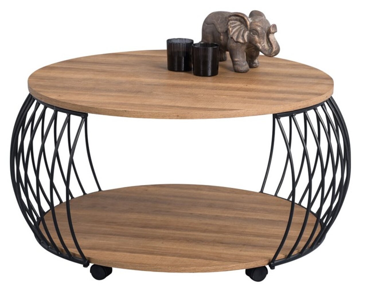 Runder Couchtisch mit Holzplatten und schwarzem Metallgestell, seitliche Perspektive