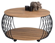 Runder Couchtisch mit Holzplatten und schwarzem Metallgestell, seitliche Perspektive