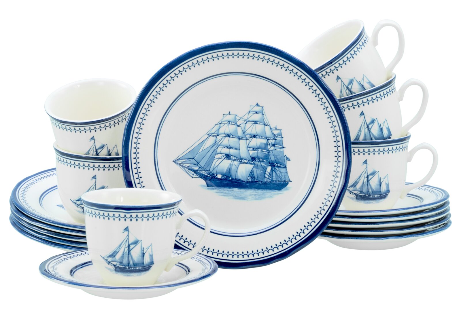 Creatable Kaffeeservice 18-tlg. SEGELSCHIFF Maritimes Porzellan-Geschirrset in Weiß mit blauen Segelschiff-Motiven, bestehend aus Tellern, Tassen und Untertassen, in frontaler Studioansicht leicht von oben vor weißem Hintergrund