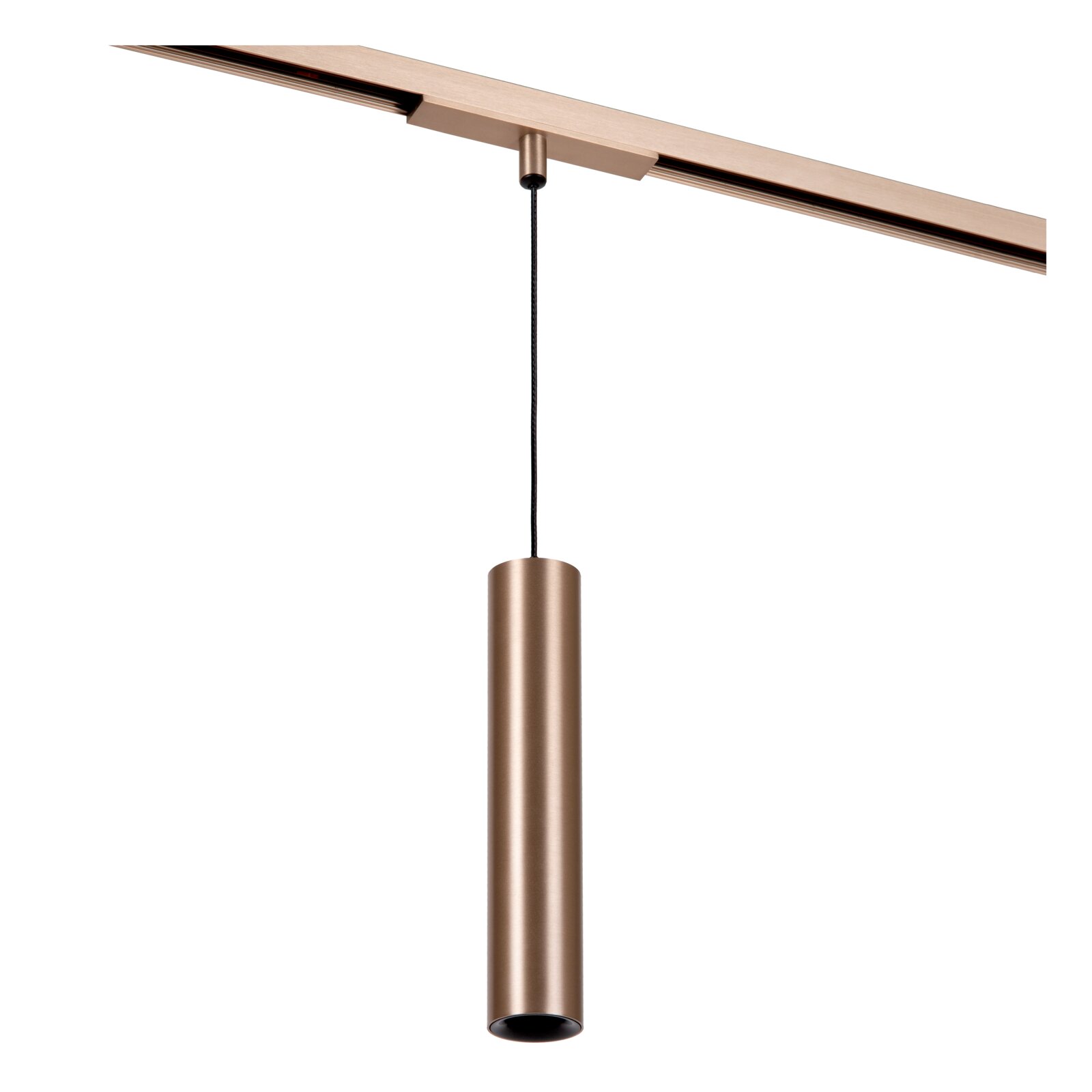 Zylindrische Pendelleuchte in gebürstetem Bronze-/Kupferton an Stromschiene, Freisteller in leichter Untersicht (von unten nach oben)