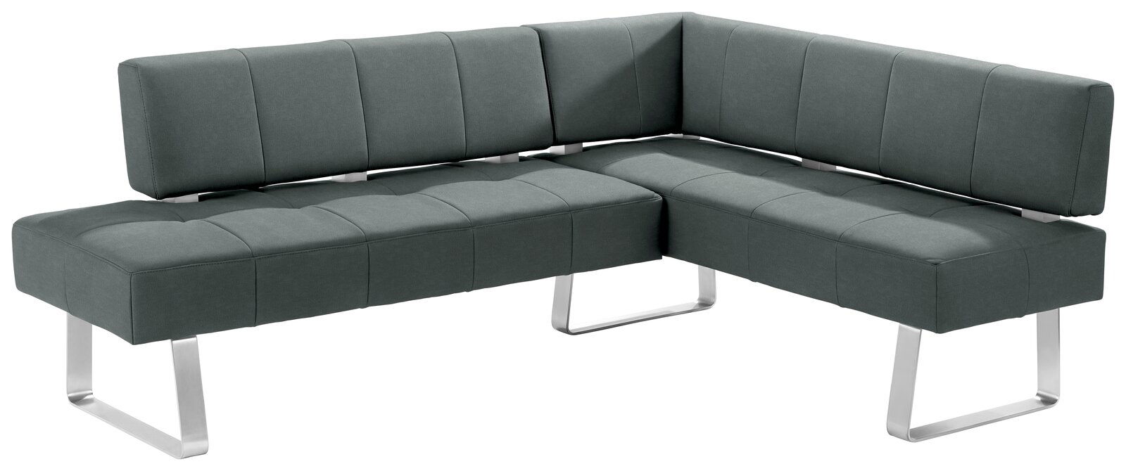 Moderne Eckbank mit grauem Stoffbezug und Metallbeinen, seitliche Perspektive