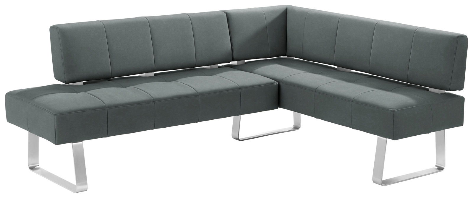 Moderne Eckbank mit grauem Stoffbezug und Metallbeinen, seitliche Perspektive