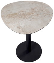 Moderner Bartisch mit runder, marmorierter Tischplatte und schwarzem Standfuß, aus der Vogelperspektive betrachtet.