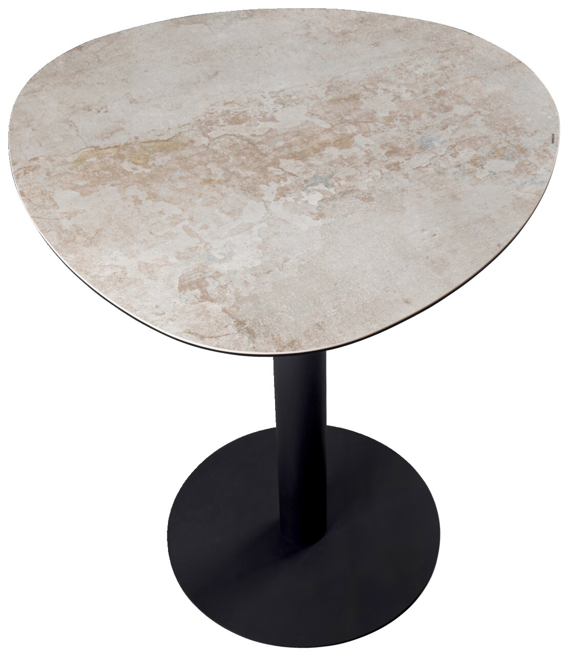 Moderne bartafel met een rond, gemarmerd tafelblad en een zwart onderstel, gezien vanuit vogelperspectief.