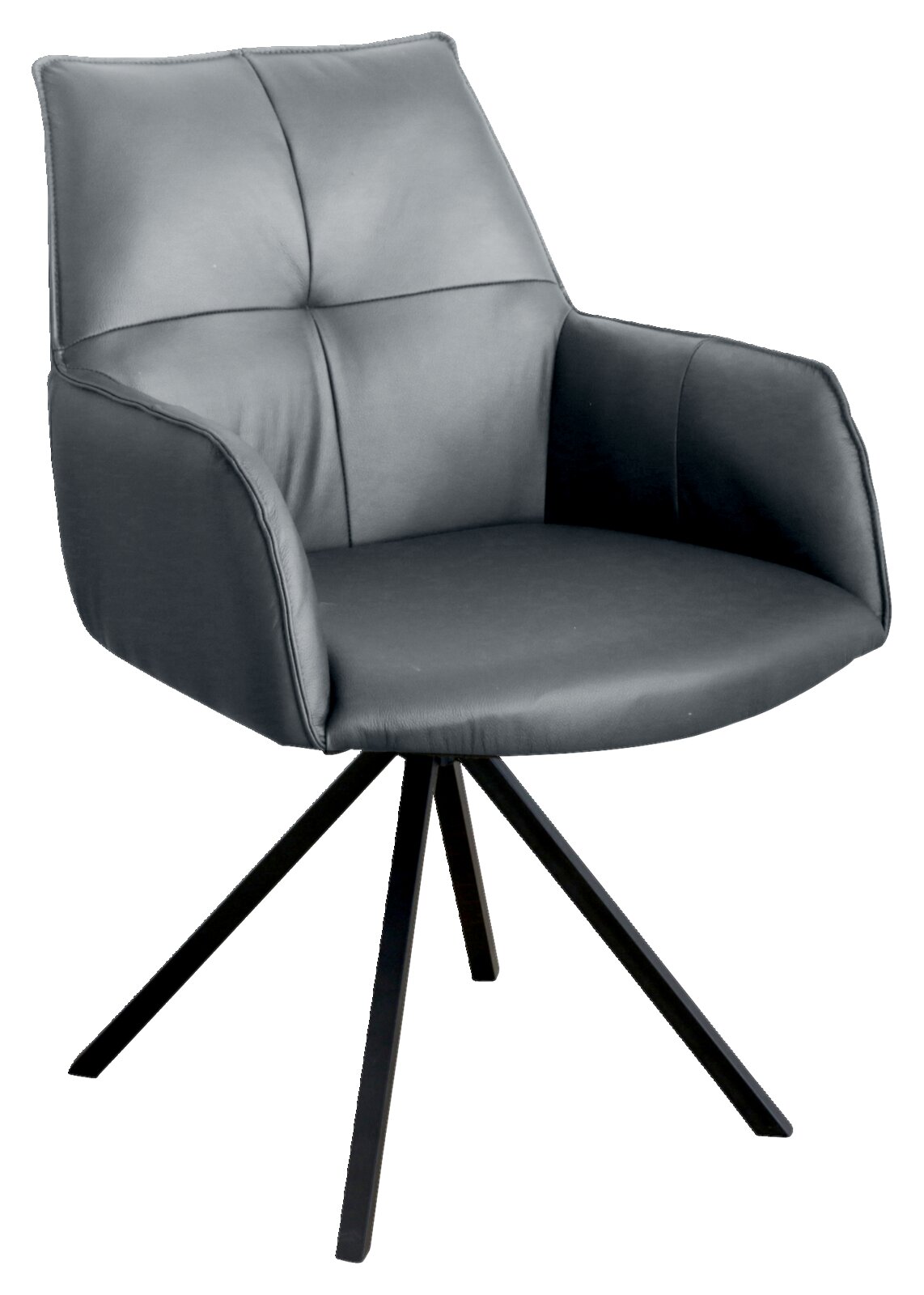 Novel Fauteuil NIZZA Moderner grauer Armlehnstuhl mit gepolsterter Sitzfläche und Rückenlehne, auf schwarzem Metallgestell, seitliche Perspektive