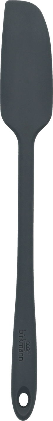 Grauer, schmaler Teigschaber aus Silikon, frontal abgebildet.
