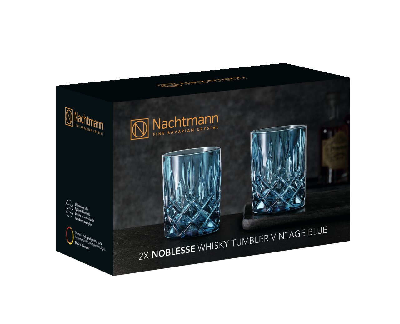 Verpackung eines 2er-Sets blauer Whiskybecher von Nachtmann, seitliche Perspektive