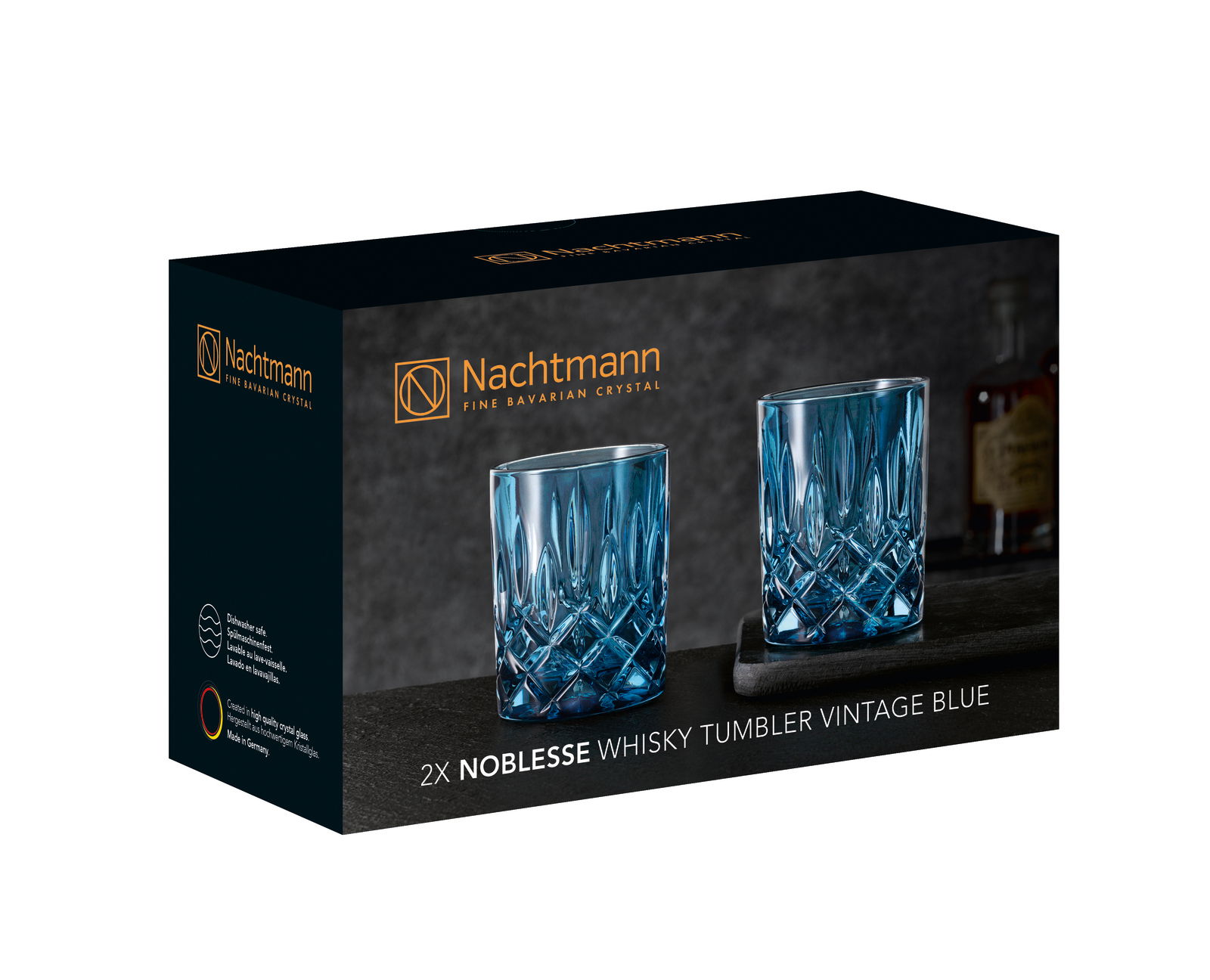 Verpackung eines 2er-Sets blauer Whiskybecher von Nachtmann, seitliche Perspektive