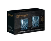 Verpakking van een set van twee blauwe whiskyglazen van Nachtmann, zijaanzicht