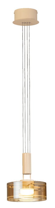 Beige hanglamp met ronde plafondkap, vier staalkabels en een transparante cilindervormige glazen kap, vooraanzicht