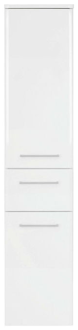 Weißer Midischrank mit zwei Schubladen und einer Tür, Frontalansicht