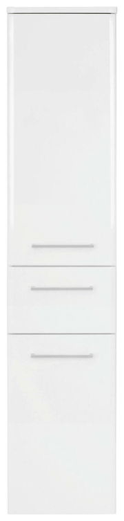 Weißer Midischrank mit zwei Schubladen und einer Tür, Frontalansicht