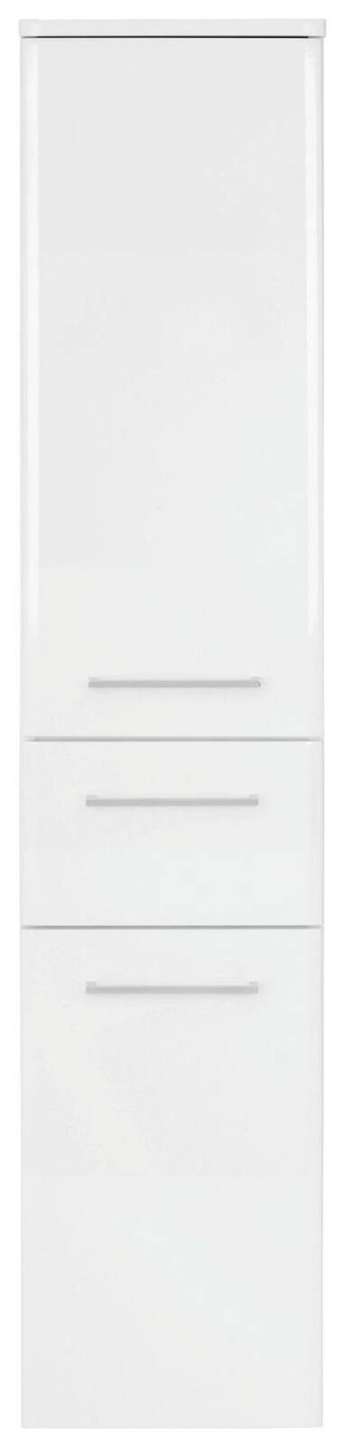 Weißer Midischrank mit zwei Schubladen und einer Tür, Frontalansicht