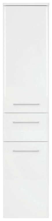 Weißer Midischrank mit zwei Schubladen und einer Tür, Frontalansicht