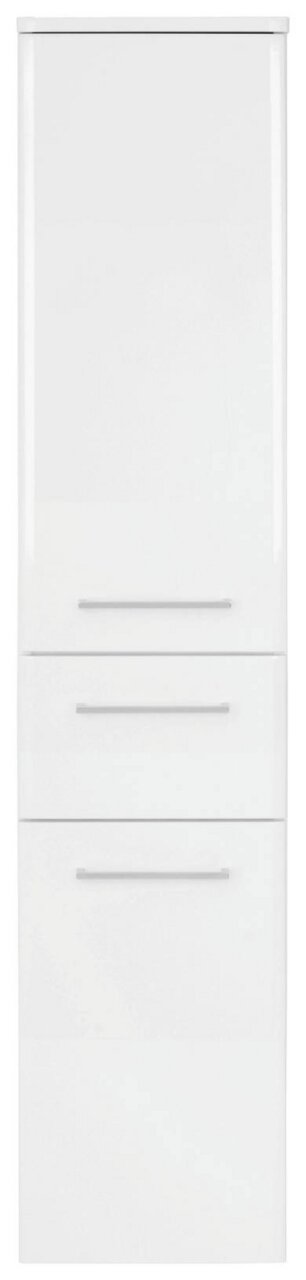 Weißer Midischrank mit zwei Schubladen und einer Tür, Frontalansicht