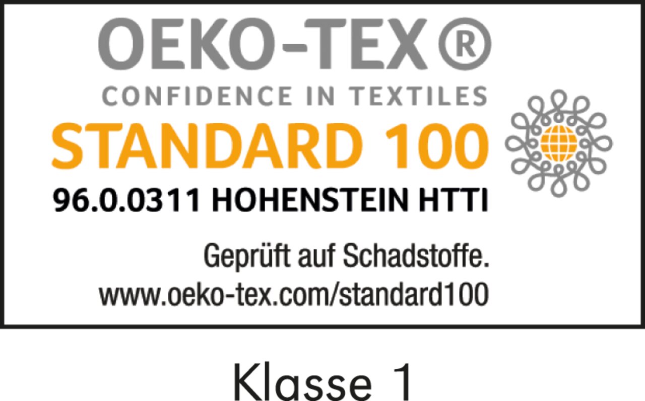 OEKO-TEX Standard 100 Zertifikat, Klasse 1, geprüft auf Schadstoffe, frontal betrachtet