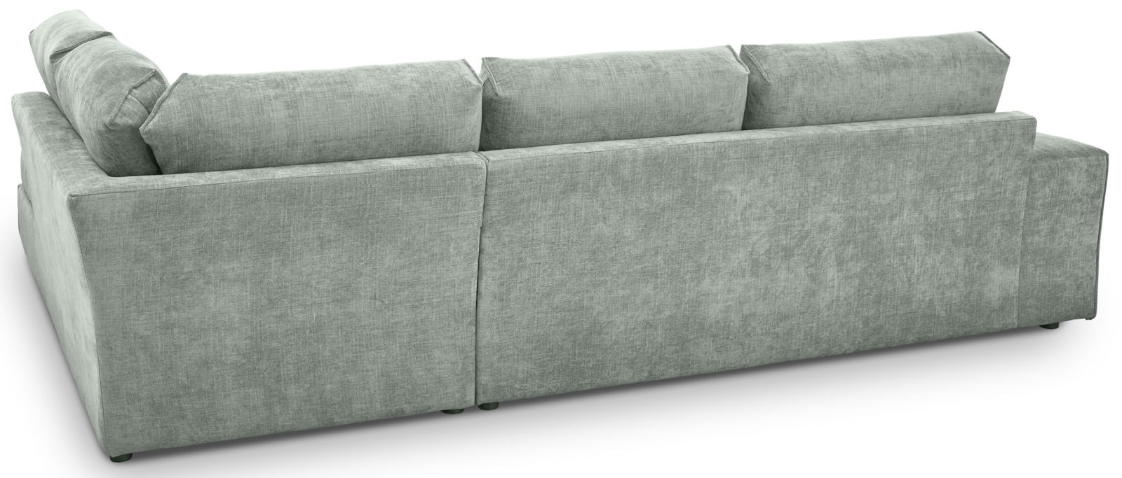 Rückansicht eines grauen Ecksofas mit drei Rückenkissen, Modell DALLAS von Musterring.