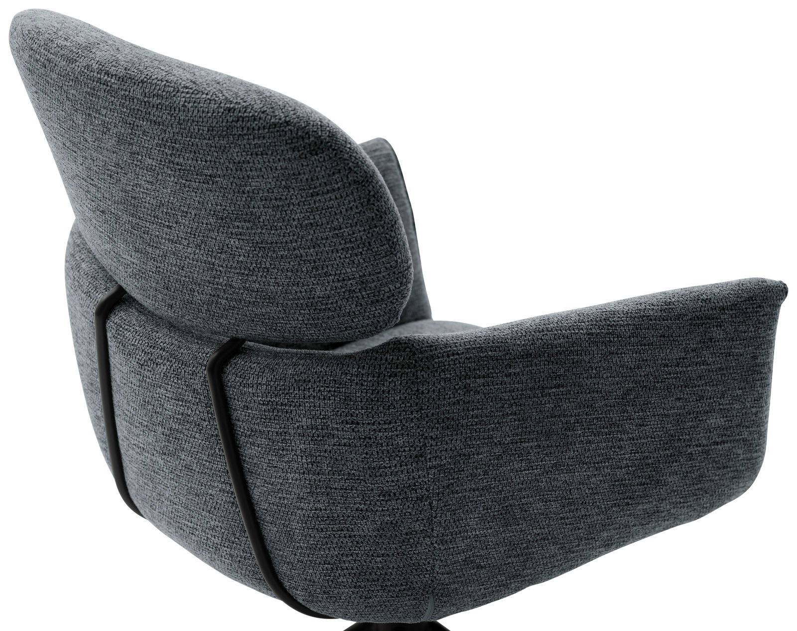 Rückansicht eines grauen Sessels mit schwarzem Metallrahmen, Modell UVITA.