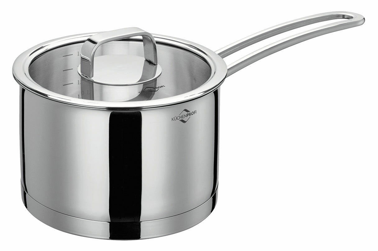 Edelstahl-Stielkasserolle SAN REMO 16 cm mit Deckel, seitliche Perspektive