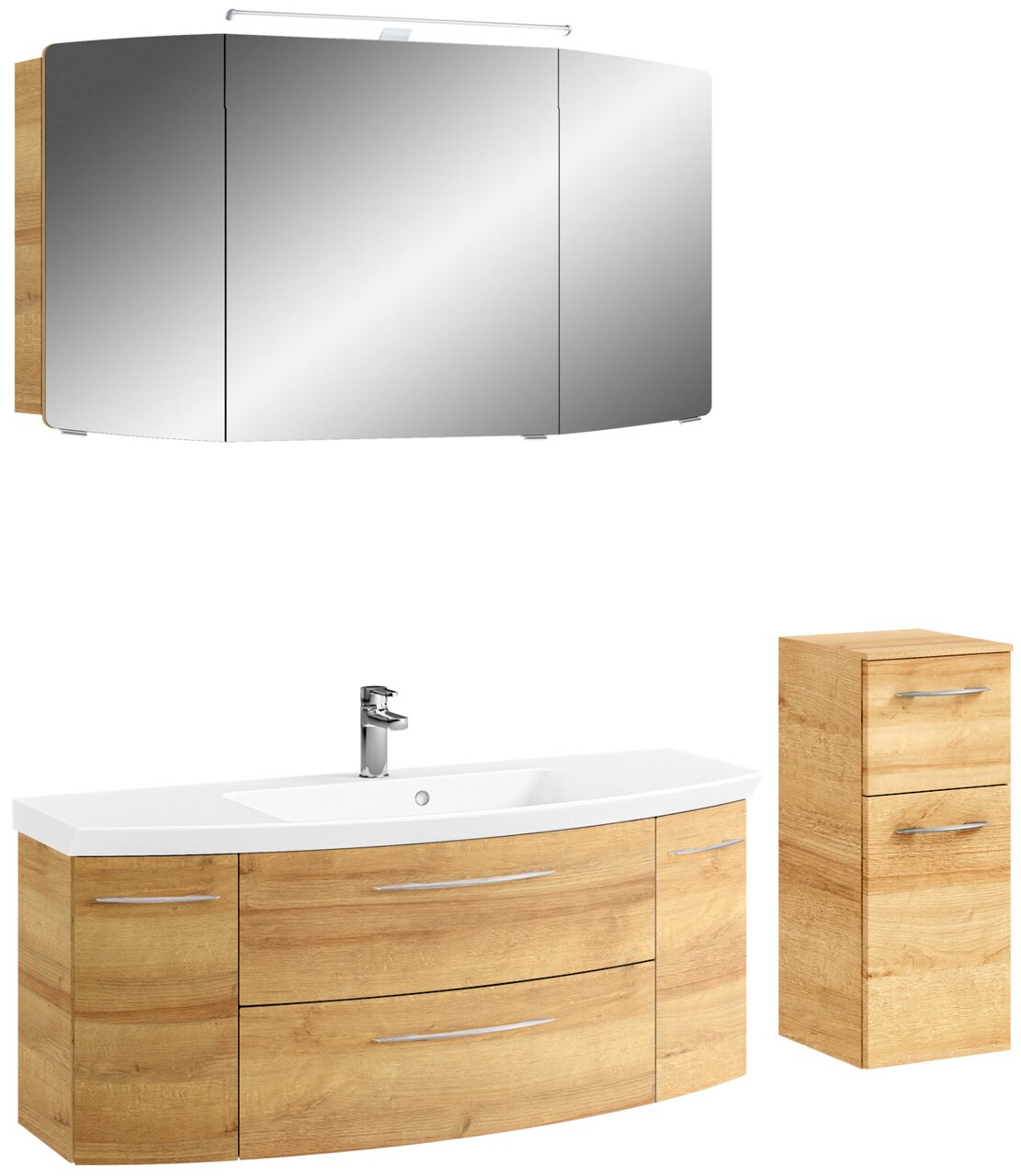 Pelipal Badkombination CASSCA SPRINT Badezimmerkombination mit Holzoptik, bestehend aus einem großen Spiegelschrank, einem Waschtisch mit Waschbecken und einem hohen Schrank, frontal betrachtet.