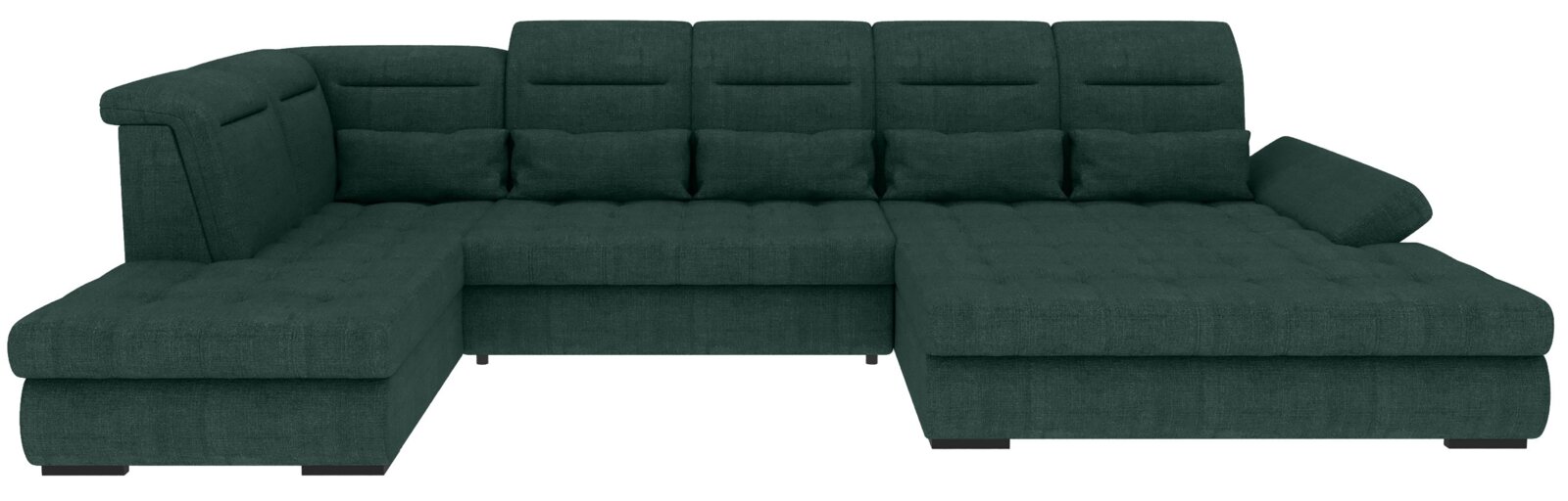 Dunkelgrünes U-förmiges Wohnlandschaft-Ecksofa mit beidseitiger Ottomane, gepolsterten Armlehnen und gesteppten Sitz- und Rückenpolstern, Ansicht von vorne