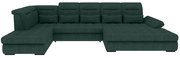 Dunkelgrünes U-förmiges Wohnlandschaft-Ecksofa mit beidseitiger Ottomane, gepolsterten Armlehnen und gesteppten Sitz- und Rückenpolstern, Ansicht von vorne