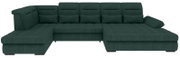 Dunkelgrünes U-förmiges Wohnlandschaft-Ecksofa mit beidseitiger Ottomane, gepolsterten Armlehnen und gesteppten Sitz- und Rückenpolstern, Ansicht von vorne