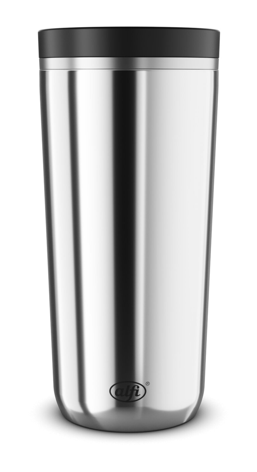 Edelstahl-Thermobecher mit schwarzem Deckel und alfi-Logo, freigestellt vor schwarzem Hintergrund, frontale Ansicht.