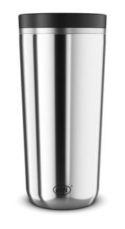 Edelstahl-Thermobecher mit schwarzem Deckel und alfi-Logo, freigestellt vor schwarzem Hintergrund, frontale Ansicht.