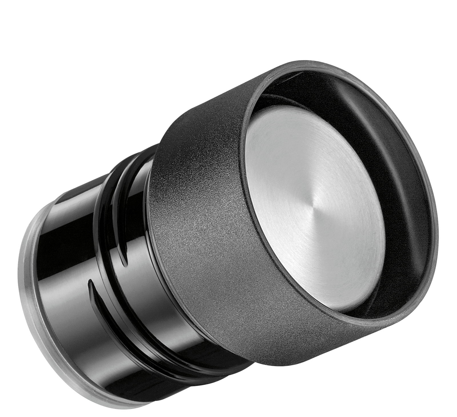Schwarzer Isoliertrinkflaschenverschluss aus der Seitenperspektive mit Edelstahl-Innenseite